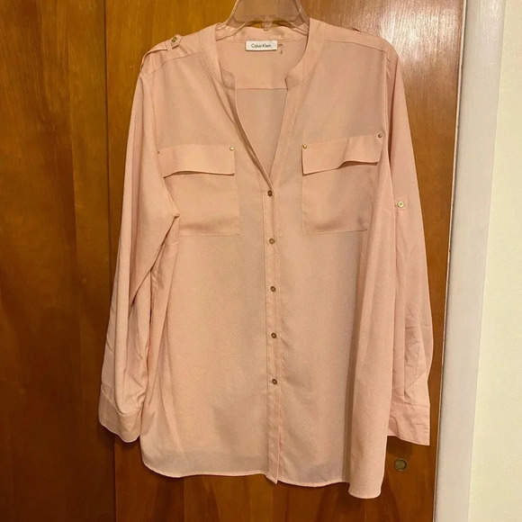 Calvin Klein Peach Tunic with Chest Pockets Rolled up Sleeves,  Women’s Size L - Picture 6 of 8